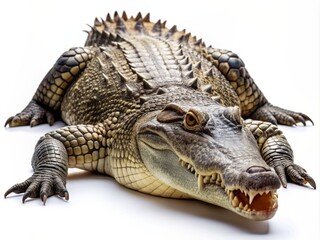 Obraz premium Close up of large crocodile that lay down on floor and look up isolated on clean png background, reptile animal concept