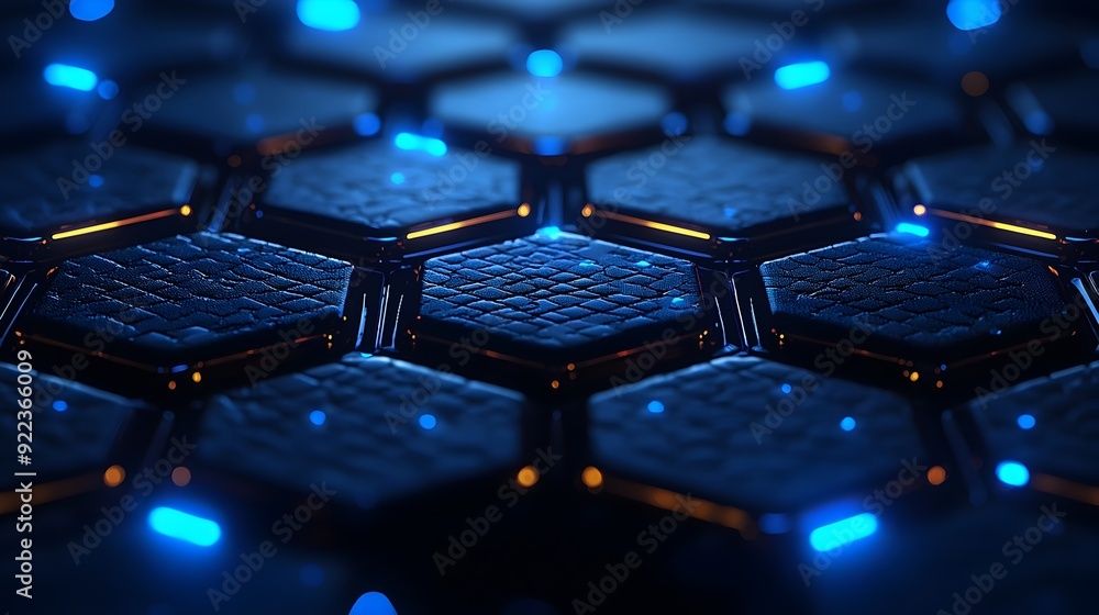 Poster futuristic hexagon pattern with glowing blue lights in dark tech background