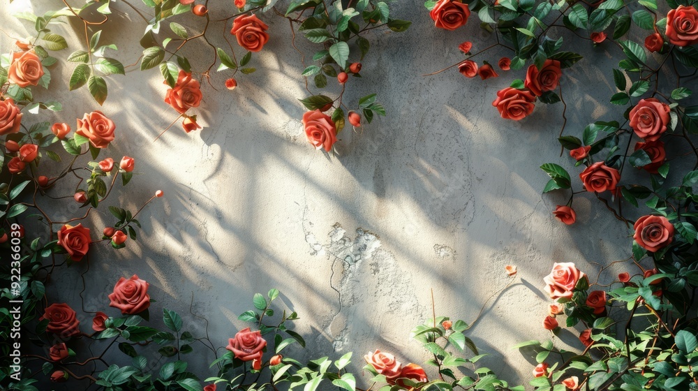 Poster roses climbing on a textured wall with soft light casting shadows in a tranquil garden setting