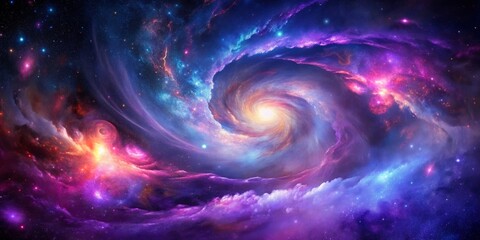 Vibrant swirls of purple, pink, and blue nebulae dance across a stunning galaxy background, radiating an otherworldly beauty in shimmering, cosmic, abstract splendor.