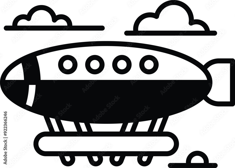 Poster a black and white drawing of an airplane with a rocket on the tail. the airplane is flying through t