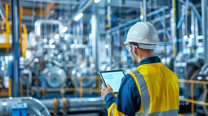 Factory engineers utilizing tablet for real-time data visualization and analysis