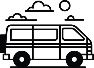 A black and white drawing of a van with a sun in the background. The van is parked on a road and has a sunroof