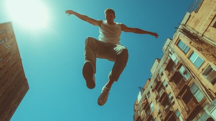 A man mid-air during a parkour jump in a city environment with buildings and a bright sun in the background.