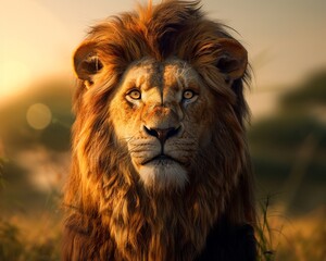 Naklejka premium A majestic lion with a flowing mane, showcasing strength and beauty in its natural habitat during golden hour.