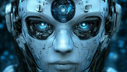 Detailed Futuristic Robot Face with Symbols on a Rich  Background Robot