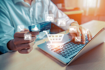 Customer open hologram graphic interface controlling device choosing online platform. Smart consumer touch gadget open e-commerce application using cashless technology shopping inventory. Cybercash.