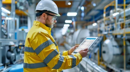 Engineers monitoring production metrics on digital tablet in Industry 4.0 factory setting