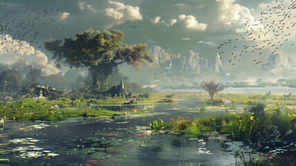 Tranquil Fantasy Landscape with Birds