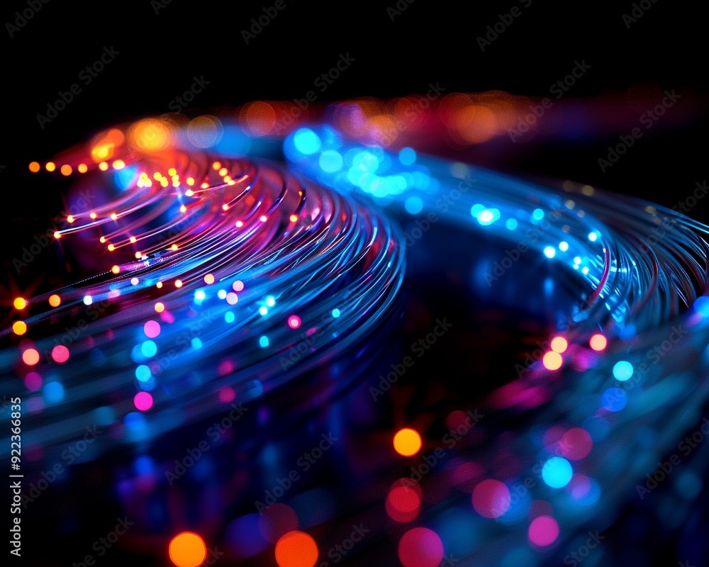 Poster A mesmerizing display of colorful fiber optic lights illuminating a dark background, creating a vibrant and dynamic visual experience.