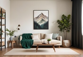 A cozy living room with a beige sofa, green throw blanket, and two framed landscape paintings on the wall depicting a mountain and forest scene.