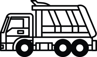 A black and white drawing of a dump truck. The truck is parked and has a large open bed