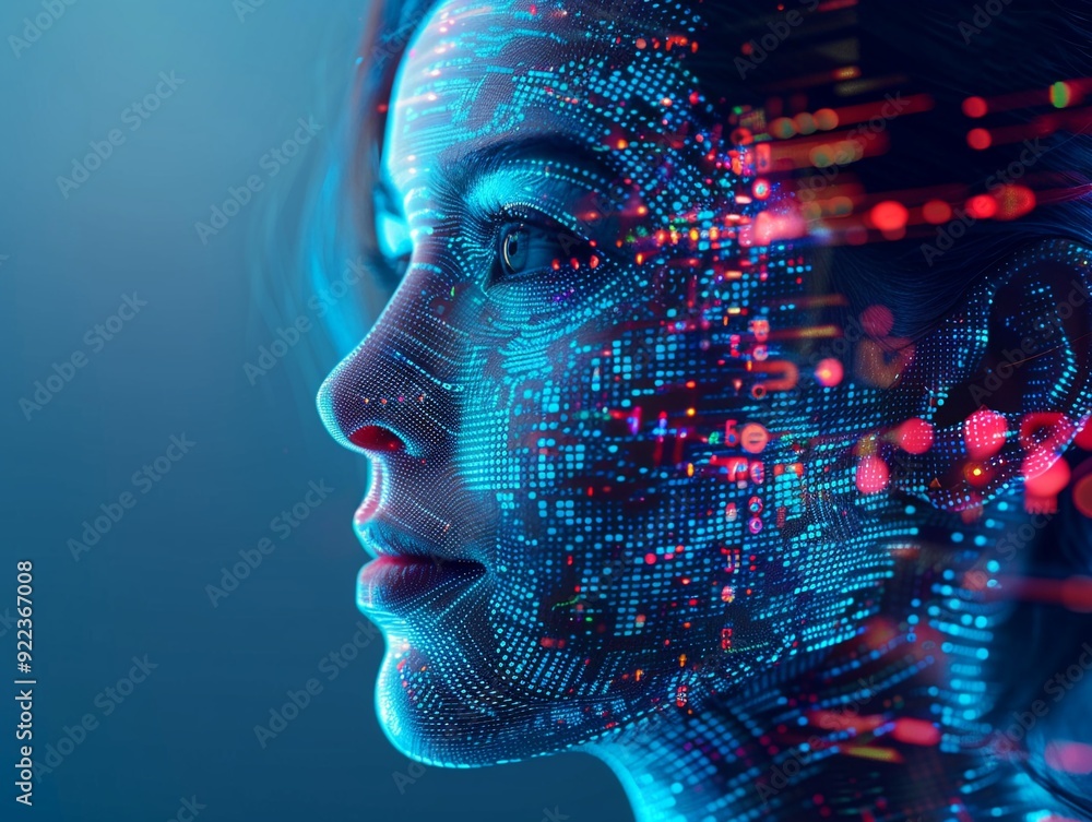 Poster a futuristic portrait of a woman with digital data overlay, symbolizing technology, innovation, and 