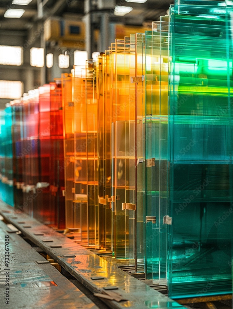 Poster vibrant colored sheets arranged in a factory, showcasing a spectrum of hues and light reflections. p