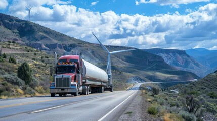 Semi-trucks loaded with wind turbine blades driving on a scenic route