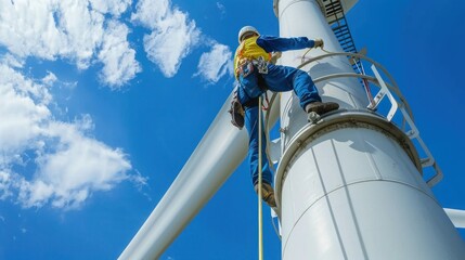 Technicians climbing a wind turbine tower for routine checks