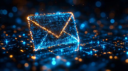 An abstract visualization of a glowing network with blue and orange nodes and lines, representing a cyber security concept against a digital matrix background.