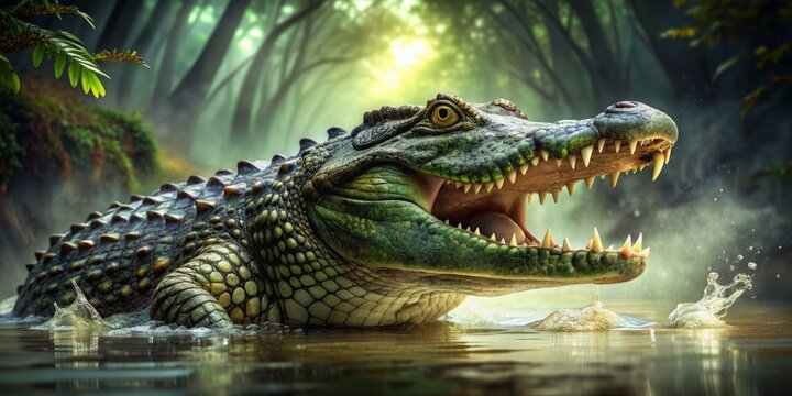 A menacing green crocodile with razor-sharp teeth and scaly skin peers out of murky swamp water, its powerful jaws wide open in a threatening pose.