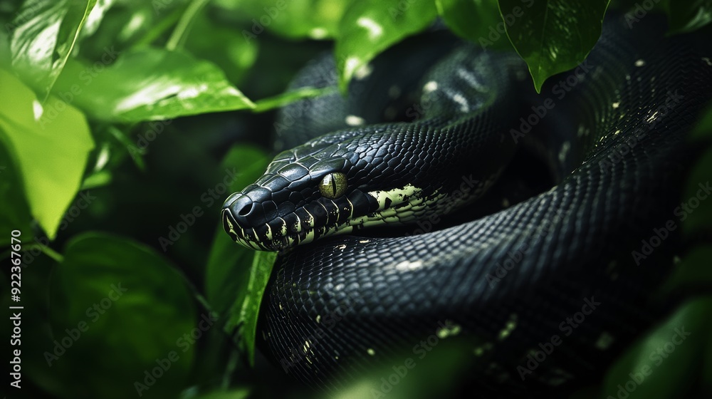 Aufkleber black python resting on a branch in the jungle
