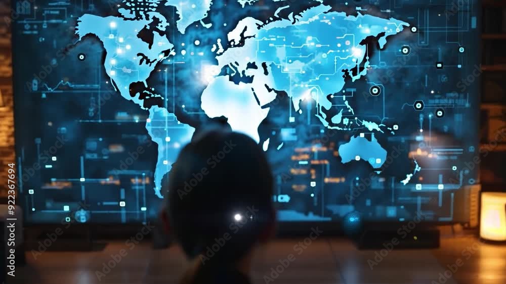 Poster a person interacts with an advanced digital interface showcasing a world map and real-time data anal