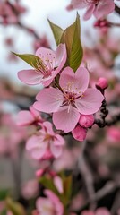 Pink cherry blossom blooming on branch in springtime