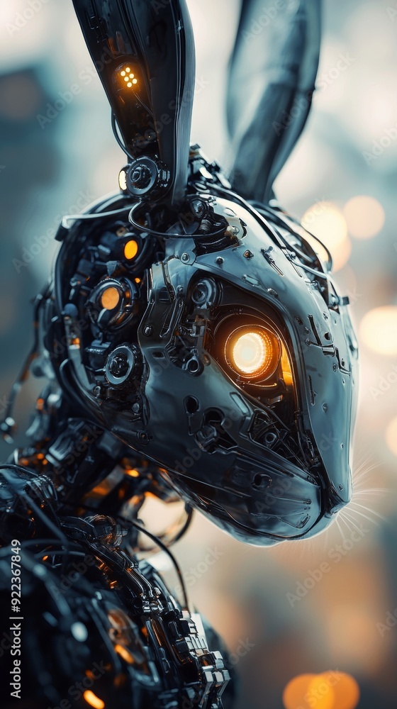 Poster futuristic robot rabbit posing with blurred background