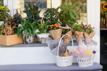 Shop of flowers and bouquets. Sale of flowers and gifts for holidays. Local store. Floral decoration.