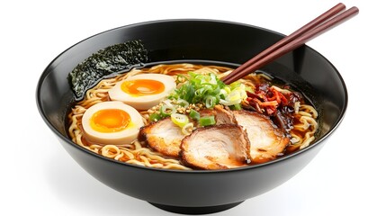 Steaming Hot Japanese Ramen Noodles in a Black Bowl with Pork,Egg and Vegetables