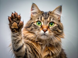 Adorable tabby cat with vibrant green eyes and fluffy fur raises its paw in a high five gesture, warmly greeting its owner in a playful manner.