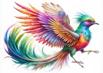 Obraz premium Vibrant, intricately detailed paradise bird illustration in stunning watercolor style, showcasing iridescent feathers, delicate wings, and exotic plumage, isolated on crisp white background.