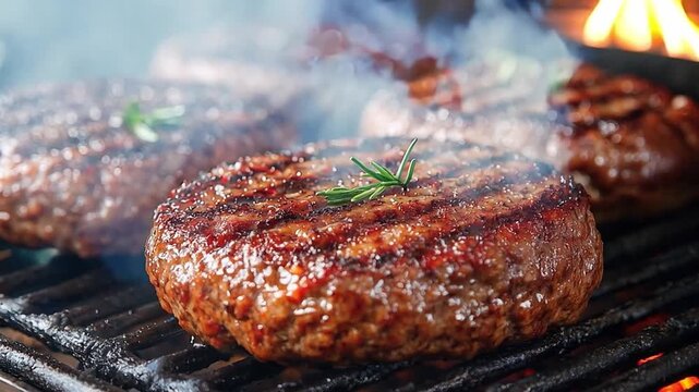 The Beef patties sizzling on a grill with fresh herbs, perfect for summer cookouts.