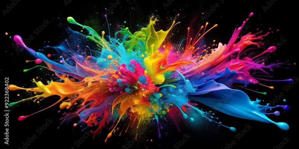 Poster Vibrant abstract painting features neon paint splashes on a black background, creating a striking and dynamic visual effect with energetic bursts of color.