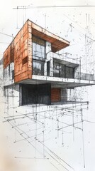 Architect drawing a modern sustainable house during a brainstorming session
