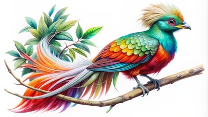 Obraz premium Vibrant, intricately detailed, ultra-realistic watercolor illustration of a stunning paradise bird with lush plumage, perched on a delicate branch, isolated on a pure white background.