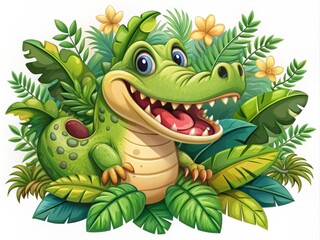 A colorful illustration of a smiling alligator wearing a cheerful expression, surrounded by tropical leaves and vines, in a fun and playful cartoon style.