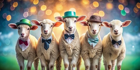 Adorable sheep lamb models flaunt luxurious high-end fashion attire against a vibrant background, perfect for upscale birthday party invitations and advertising with ample copy space.