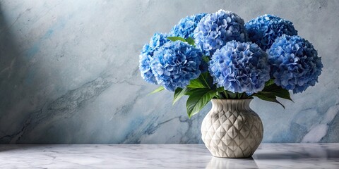 Classic marble vase with voluminous blue hydrangeas timeless elegance, marble, vase, hydrangeas, blue, flowers © lapeepon