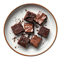 Plate with pieces of delicious chocolate brownie isolated on transparent or white background