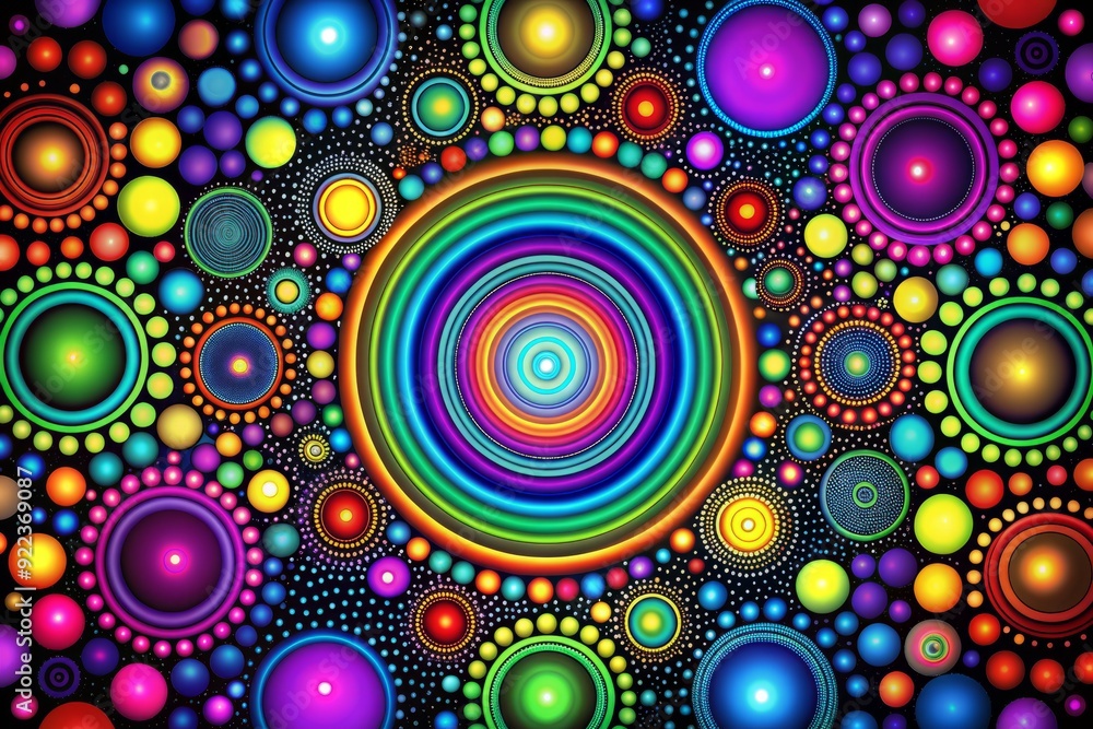 Poster vibrant retro-inspired background featuring multi-colored apollonian circles with a mesmerizing blac