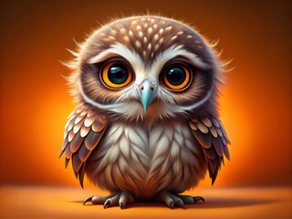 Fototapeta premium Adorable baby owl in trendy outfit, perched confidently on vibrant orange background, showcasing soft feathers and big round eyes in stunning high-resolution detail.
