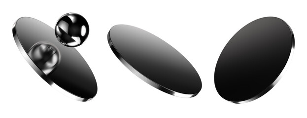 Glossy chrome disc 3D elements isolated. Silver metal circle for product display, geometric circular 3D object