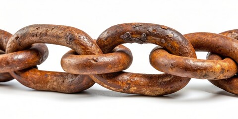 Obraz premium Rusty old chain with visible corrosion and worn links lies curled and twisted, isolated against a clean white background, evoking nostalgia and decay.