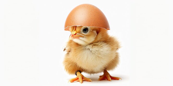 A cute baby chick wearing a cracked eggshell on its head.