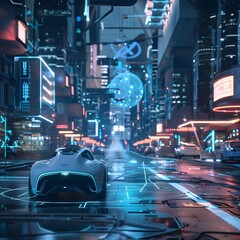 Futuristic Cityscape with Self-Driving Car.