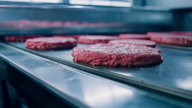 The Raw beef patties are lined up on a conveyor belt ready for packaging.