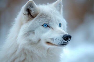 Obraz premium majestic white wolf closeup piercing blue eyes intricate fur detail misty forest background nature photography style