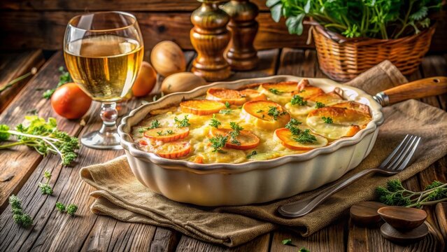 Gratinado de tubérculos en una bandeja, acompañado de un vaso de vino y hierbas frescas en una mesa de madera.