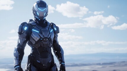 Futuristic astronaut exploring a new planet with cloudy sky