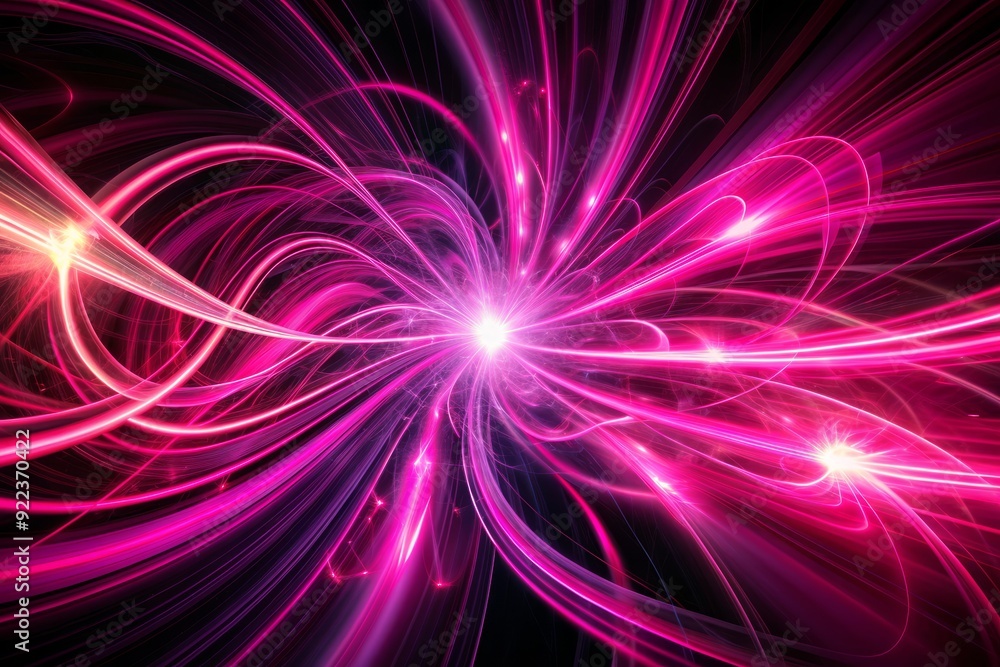 Poster vibrant pink and black light streaks radiate dynamically across a dark background, creating a mesmer