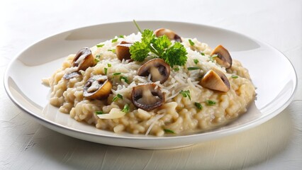Risotto con setas y queso parmesano rallado servido en un plato blanco sobre fondo claro.